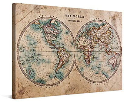 PICANOVA Mappa del Mondo Emisferi 120x80cm - Stampa Artistica su Tela di Alta qualità - Immagine Allungata su Cornice di Legno Come Opera d'Arte della Galleria - Collezione di mappe del Mondo