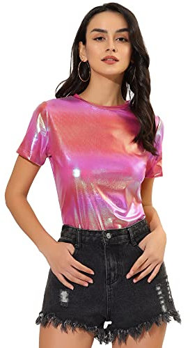 Allegra K Femme Fête Métallique Textured Short Manche Brillant Multicolore Top Rose L