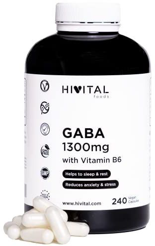 GABA 1300 mg con Vitamina B6. 240 capsule vegane per 4 mesi di trattamento. Acido Gamma-Amminobutirrico con 3,5 microgrammi di Vitamina B6. Prodotto in Europa da HIVITAL