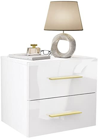 lukmebel Hängender Nachttisch LINA LUX 45x41,8x38,5 cm- LED Beleuchtung - Nachtkästchen - Weiß Hochglanz - Goldgriff - Nachtschrank - Beistelltisch mit Schublade - Schlafzimmerschrank