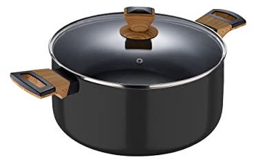 BERGNER Earth | Cacerola de Cocina de 28 cm Con Tapa | Color Negro | Fabricada en Aluminio Prensado con Asas Ergonómicas de Madera | Menaje de Cocina | Compatible con Todo Tipo de Cocinas
