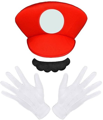 Aomig Kostüm Zubehör Mütze, Faschingkostüme Hüte mit Schnurrbärte Handschuhe, Super-Brüder Kostüm Hut Cap für Karneval Halloween Rollenspiel für Kinder Junge Mädchen(Rot)