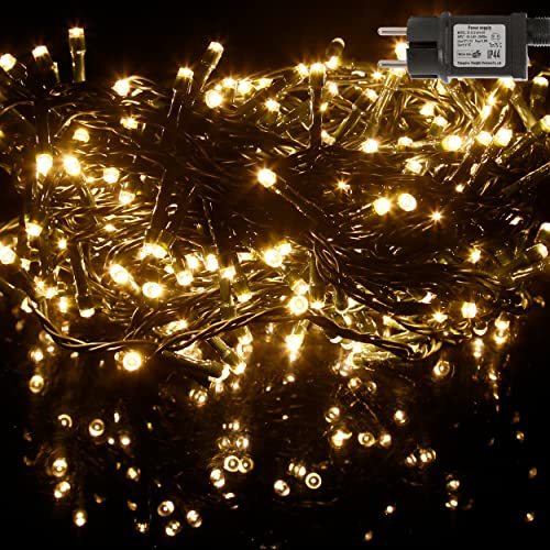 Etrexonline Guirnalda Luces de Árbol de Navidad Cadena de Luces 5M 100 LED (Blanco Cálido) Cable Verde y 8 modelos de lluminación Impermeable para Interior y Exterior