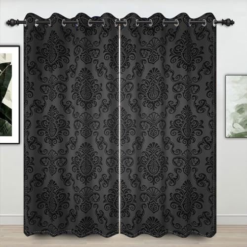 Umpoo Schwarzer Damast Blumen Verdunkelungsvorhang Vintage Klassisches Blumenmuster bedruckte Vorhänge 106.7x213.3 cm Fenstervorhang-Set für Wohnzimmer, Schlafzimmer, Küche, 2 Paneele, Ösenvorhänge