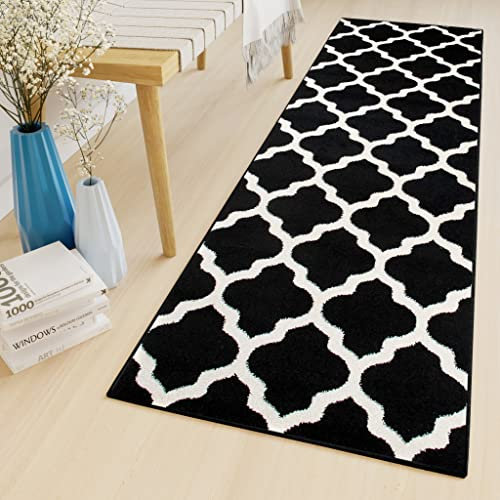 TAPISO Luxury Läufer Teppich Meterware Flur Kurzflor Brücke Modern Schwarz Weiß Geometrisch Marokkanisch Gitter Schlafzimmer ÖKOTEX 70 x 120 cm