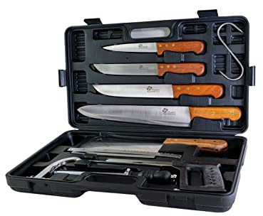 Pradel Excellence - Mallette Coutellerie du Chasseur Essentiels 8 Pièces - 5 Couteaux Manche en Bois de Rose + 1 Fusil d’Affûtage + 1 Scie - Lames en Acier Inoxydable - Boîte Couleur