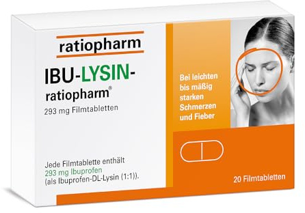 IBU-LYSIN-ratiopharm 293 mg, 20 Filmtabletten, bei Schmerzen | Hilft schnell bei Schmerzen und hemmt die Entzündung. Schmerzmittel mit dem Wirkstoff Ibuprofen-Lysin