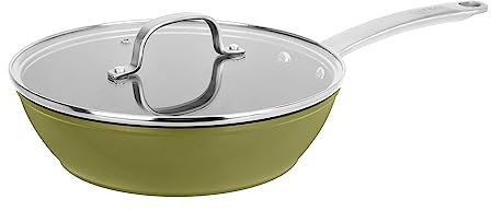 Sitram 715705 Sauteuse Aluminium Recyclé Ø 24 cm H 7 cm Vert Metallisé Revêtement intérieur sans PFOA - Manche en Inox Riveté, Couvercle vapeur en verre, Tous feux dont induction