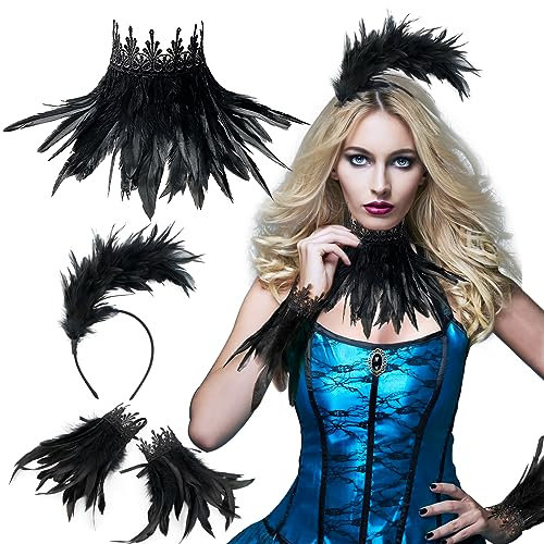 BETESSIN Feder Haarreif Halsband Feder Manschetten 3Pcs 20er Jahre Halloween Karneval Fasching Kostüm Flapper Vintage Fascinator Party Schwarz Accessoires für Damen
