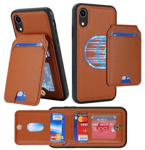 ELTEKER Mobile Phone Case for iPhone XR Case with Card Slot, Magnetic Removable Wallet Card Holder, Flip Case, Leather Protective Case - Brown
