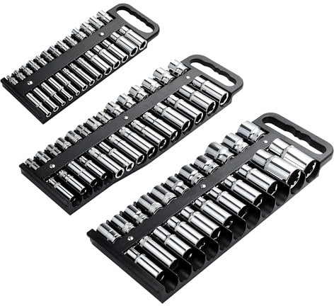 Reniteco Magnetic Socket Organizer Set, 3-Piece Black Portable Magnetic Socket Holder Tray, Heavy Duty Socket Racks For 1/2-inch& 3/8-inch& 1/4-inch Drive, Hold 76 Sockets - Fit Shallow&Deep Sockets