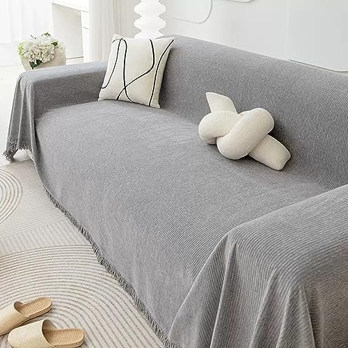 Mesnt Sofa Überzug Schlafsofa, Chenille Wohndecke als Sofadecke, Couch Überwürf, Sofa Überzug Einfarbig mit kurzer Quaste Grau, 180x400CM