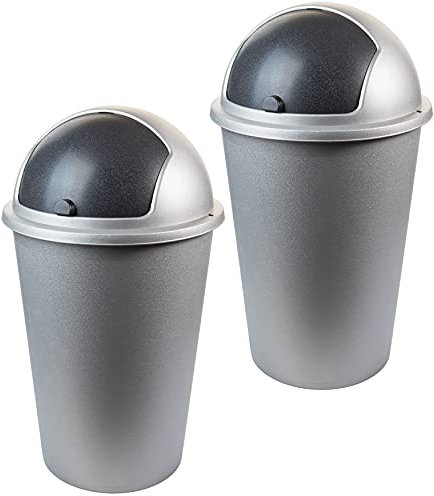 Tina - Lot de 2 poubelles avec couvercle coulissant - 50 l (40 x 68 cm) - Peu encombrantes et élégantes - Anthracite/argenté - Qualité supérieure - Qualité européenne