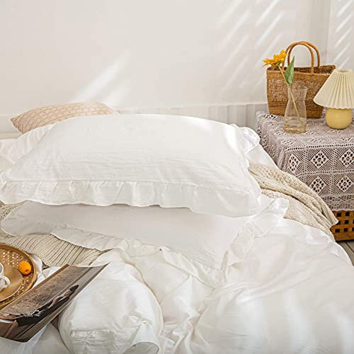 Freyamy Kissenbezug 40x80cm 2er Set Weiß Rüschen Romantisch Mädchen Kopfkissenbezug Gewaschene Microfaser Weiche Kissenhülle Unifarben Plisseefalten Chic Kissenbezug mit Reißverschluss