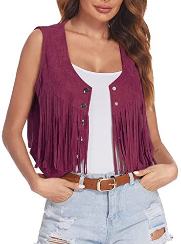 2024 Gilet natalizio con frange da donna in finta pelle scamosciata aperta sul davanti, senza maniche, stile hippie anni '70, giacca in pile lunga, Viola, L