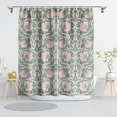 William Morris Duschvorhang mit Vintage-Blumenmuster, botanisches Blau/Rosa, Duschvorhang-Sets für Badezimmer mit 12 Haken, eleganter schicker dekorativer Vorhang für Damen und Mädchen, wasserdichter