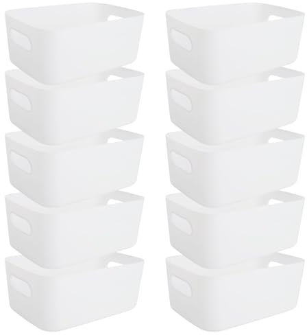 YAYODS 10 Pcs Plastic Storage Basket, White Small Plastic Box with Handle, Rectangular Portable Cupboard Organiser Storage Boxes for Shelves, Kitchen, Office, Bathroom, 25x17x10cm