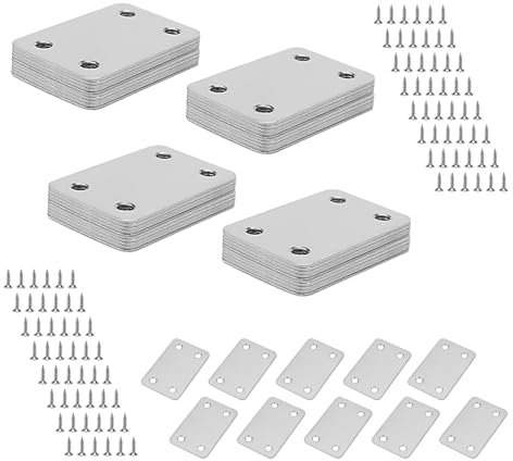 MUKCHAP 50 placas planas de metal de 60 x 38 x 1,5 mm, placas de unión de acero inoxidable con 200 tornillos, placa de fijación plana para reparación de fijación