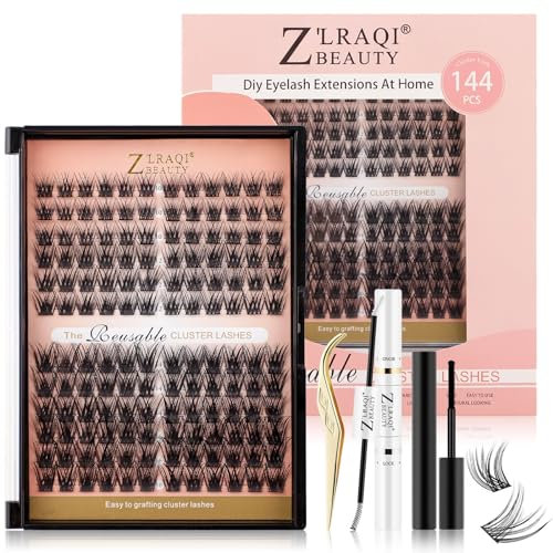 Cluster Lashes 144pc Individual Lashes, DIY Eyelash Extensions Kit, Russian Curl Volume Fluffy False Eyelashes, with Bond, Seal, Applicator, Lash Remover Glue (Pink)