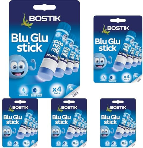 Bostik Blu Stick Glue Sticks, Goes on Blue, Dries Clear, Solvent Free, Washable, 4 x 8g sticks (Pack of 5)