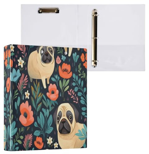3-Ringordner mit Blumenmotiv und Mops, mit Klemmbrett, Aktenordner für Büro, Schule, mit Tasche