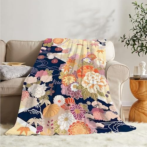 Flanell Fleecedecke Kuscheldecke Japanische Blumen 160x200 Große, Blau Sofa Decke Weiche mit Motiv, Microfaser Wohndecke Plaid Decke Wohnzimmer Couch