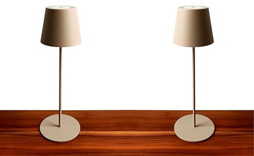 Trango 2er Pack Beige LED Tischlampe 2017-03C kabellos stufenlos dimmbar 3 Watt 2700K warmweiß IP44 Spritzwassergeschützt Tischleuchte Akku Aufladbar für Schlafzimmer Garten Restaurant Bar Camping