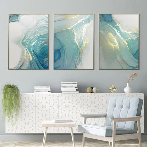 KemneT Abstrakte Türkis-Gold-Marmor-Fluid-Poster Kunstdrucke Wand Bilder moderne Leinwandbild Bilder Wohnzimmer Inneneinrichtung Heimdekoration 50 x 70 cm x 3 ungerahmt