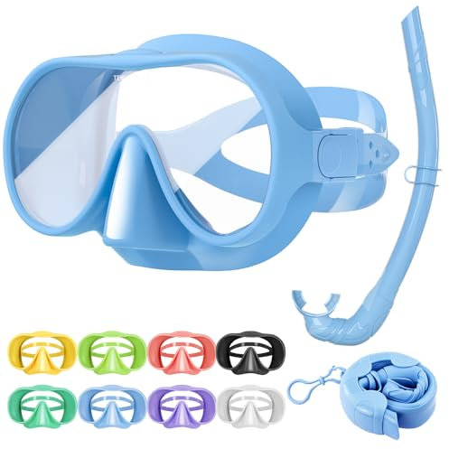 Tyuodna Schnorchelset Erwachsene,Taucherbrille mit Schnorchel,übergroßen Linse 180° Weitwinkel Anti-Fog Snorkeling Set,Macaron-Farben Taucherbrillen für Schnorcheln,Tauchen (Blau+Schnorchel)