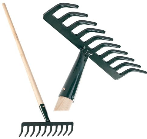 KADAX Rastrillo de metal, rastrillo plano con mango de madera, escoba para jardín, bancal, rastrillo de hojas, rastrillo de césped, verde, herramienta de jardín, rastrillo de heno, herramienta de