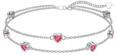 Flpruy Juli Geburtsstein Fußkette Damen 925 Silber Herz Geburtsstein Rot Fußkette Verstellbar Fußkettchen Geburtstag Weihnachten Geschenk für Freundin Mama Tochter Schmuck für Frauen
