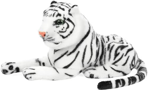 BRUBAKER Tiger Kuscheltier - 25 cm Plüsch Stofftier - Baby Plüschtier Liegend - Kleine Raubkatze - Kinder Spielzeug - Weiß