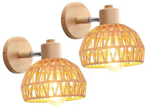 iDEGU 2 Stücke Wandleuchten Innen Retro Wandlampe aus Holz Rattan Halbkreis Lampenschirm Vintage E27 Verstellbare Wandspot Industrie Lampe für Schlafzimmer Wohnzimmer Flur Café (20cm, Braun Rattan)