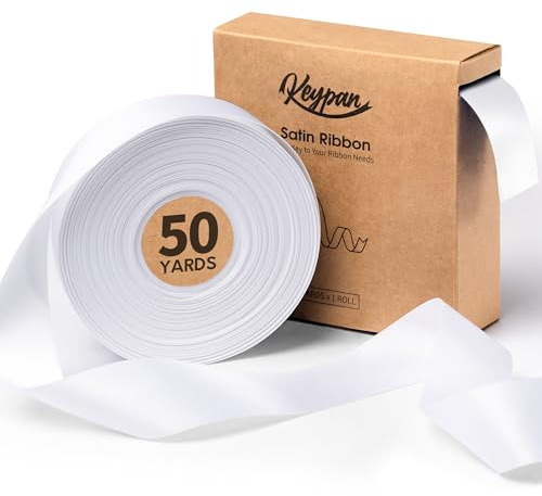 Keypan Satinband Weiß Geschenkband Schleifenband 3,8cm x 45,7m | Doppelseitiges Seidenband für Geschenkband Hochzeit, Weihnachten, Blumensträuße, Schleifen