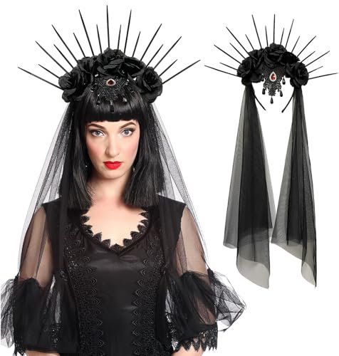 FairyPeach Halloween Hairband,Balinco Dia De Muertos Serre-Tête Avec Roses & Décoration Tête Mort,Bandeau d'Halloween Gothique Voile,Bandeau Jour Des Roses Mortes,Couronne mariée Squelette (MG)