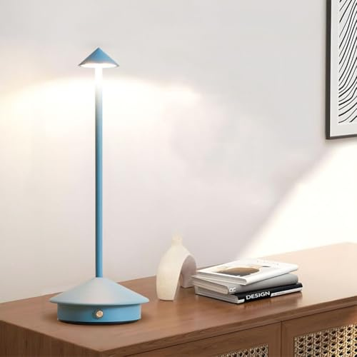 LOGT LED Tischlampe Kabellos, USB Akku Tischleuchte Touch Dimmbar Tischlampe Aufladbar Nachttischlampe Outdoor Indoor Tragbare Tischlicht Metall Aluminium für Restaurant Bar Garten Balkon,Blau