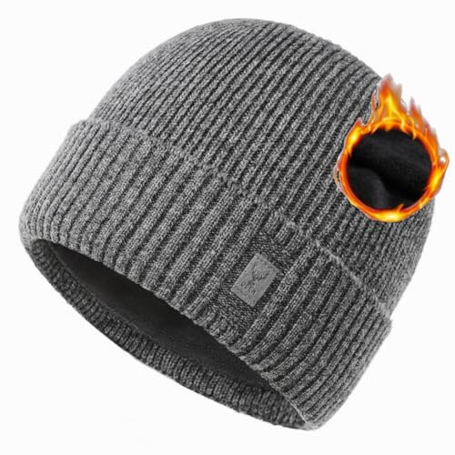 Pyrafox Merinowolle Mütze Wolle Wintermütze Herren Merino Beanie Damen Haube Winter Cap Men Muetze Strickmuetze Wollmuetze, Grau Großer Kopf XL XXL