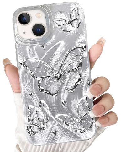 NITITOP Compatible for iPhone 13/14 Case Cute Butterfly Pattern for Women Girl Glitter Laser Shiny Feather Yarn Style Aesthetic Shockproof Hard Protective Phone Cover - Silver