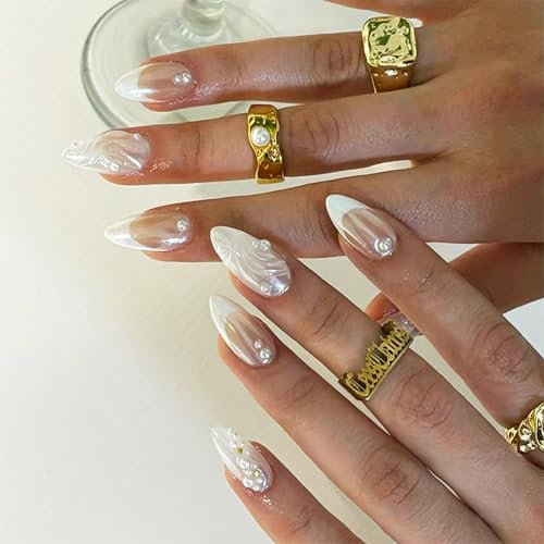 24pcs Mandel Press on Nails Kurz Französische Falsche Nägel, Mit Perlen & Weißem Rand, Künstliche Nägel Zum Aufkleben Vollabdeckung Falsche nails, Kunstnägel Natürliche für DIY (Weiße Perlen, 24x)
