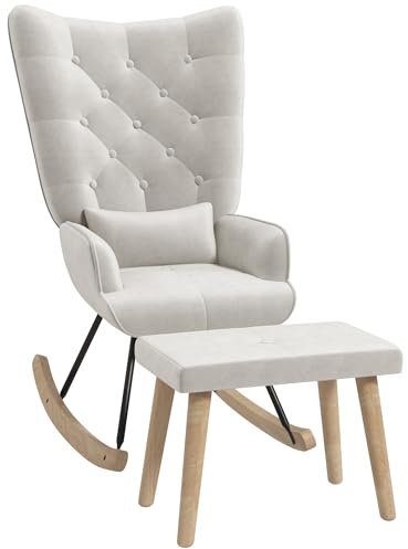 HOMCOM Schaukelstuhl mit Hocker, Schaukelsessel mit Lendenkissen, Schwingsessel aus Samtoptik, Holzbeine, Relaxsessel, Stillsessel für Wohnzimmer, Schlafzimmer, Cremeweiß