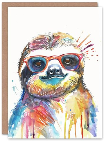 Artery8 Colourful Watercolour Sloth Sunglasses Cute Smile Blank For Him Or Her Art Birthday Card