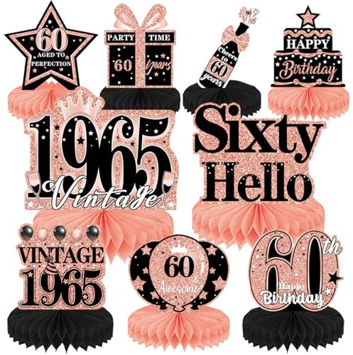 Luvart 60th Birthday Decorations Women - 9PCS Rose Gold Table Decorations for 60th Birthday Party Vintage for Woman Honeycomb Centerpieces Decor 1965 Party Supplies