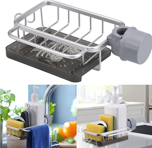 Huiguli Sink Caddy Organizer No Drill, Space Aluminium Sponge Drain Rack with Removable Drain Tray, Firm Kitchen Sponge Holder with Hook, 360 Degree Adjustable Bathroom Faucet Storage Rack (Silver)