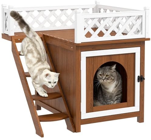 PawHut Katzenhöhle, Katzenhütte aus Tannenholz, Katzenhaus mit Balkon, Treppe, für Katzen, Kaninchen bis 6 kg, Indoor, Outdoor 67,5 x 63 x 68,5 cm, Braun