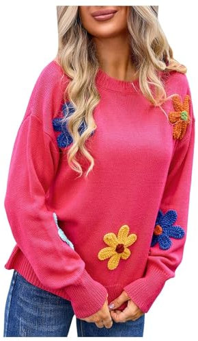 XIANUOJI Pull Femme Jacquard pour Top Sweat Femmes Pull élégant et Ample de Couleur Unie, Pull-Over décontracté à Manches Longues Pull-Over Confortable et Chaud pour Automne Hiver (Rose Vif, M)