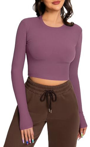 EBANKU Top corto da donna a maniche lunghe, girocollo, a costine, slim fit, casual, basic top, Viola chiaro, L