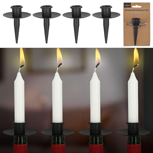 Stabkerzenhalter Tülle für Flaschen 4er Set | 6x10cm schwarz Eisen | Kerzenhalteraufsatz für Stabkerzen bis ca. Ø2,5cm (1 x 4er Set Stabkerzenhalter schwarz)