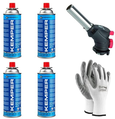 Kemper - Soplete de gas, soplete de cocina, caramelizador + recarga de gas butano de 227 g, multifunción + guantes de regalo (4 butano + canel)