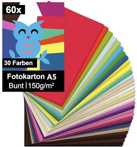 Taiyeestar 60 Blatt Tonpapier A5 Bunt in 30 Farben, 150 g/m² Tonzeichenpapier A5, Buntes Papier, Bastelpapier Bunt, Tonkarton, Farbiges Papier für Origami und Bastelprojekte