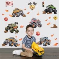 Wandtattoo 2 Stück, Wandsticker Auto, Wandtattoo Kinderzimmer Junge Transporte Fahrzeuge, Monster Trucks Wandaufkleber, Selbstklebend Rennauto, Wanddeko